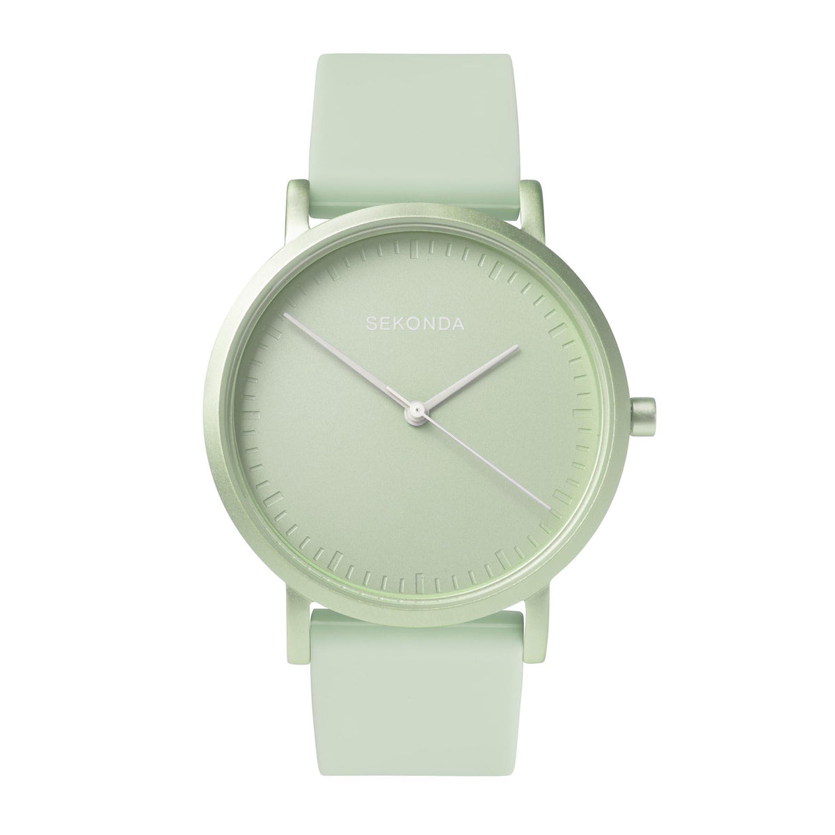 Light green unisex round watch with pale green dial, slim hour markers, and strap