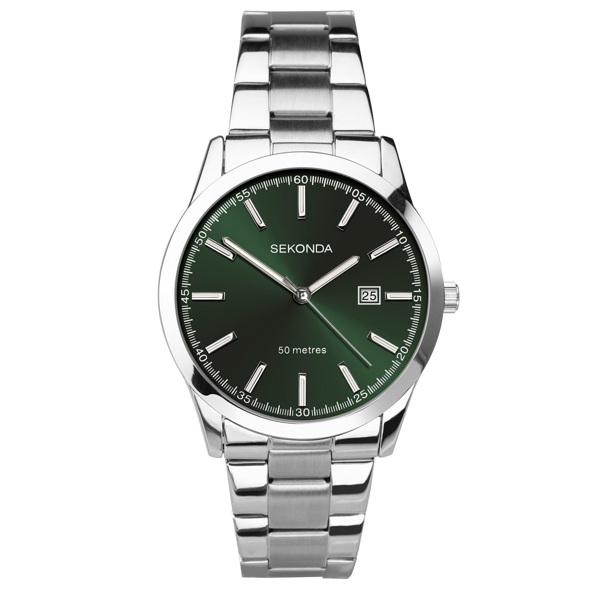 Men's Sekonda quartz analog watch with green dial and stainless steel bracelet