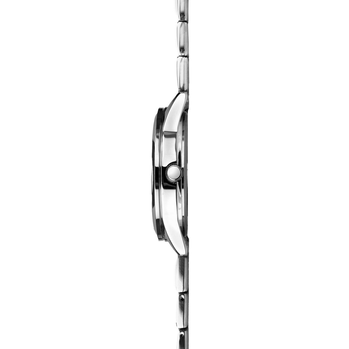 Silver-tone stainless steel watch case and side profile