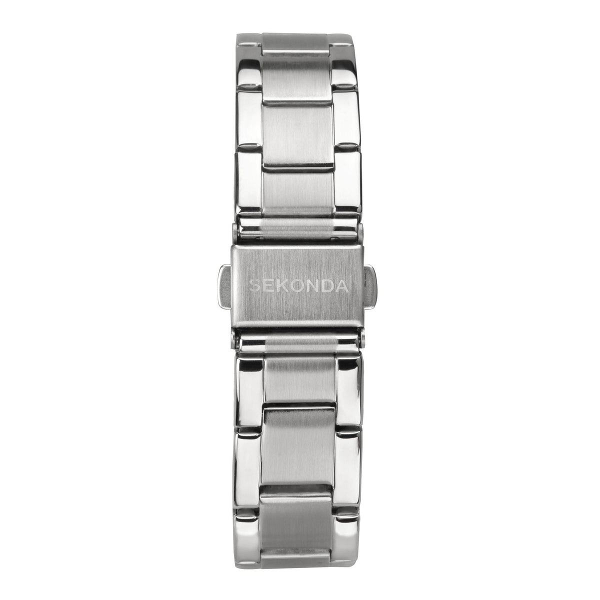 Ladies stainless steel watch back with brushed metal finish and segmented metal bracelet links.