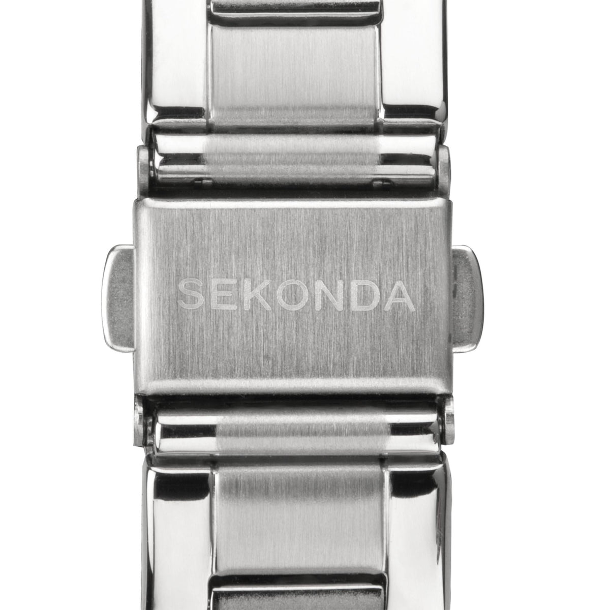 Stainless steel watch clasp backplate with “SEKONDA” engraving and smooth brushed surface.