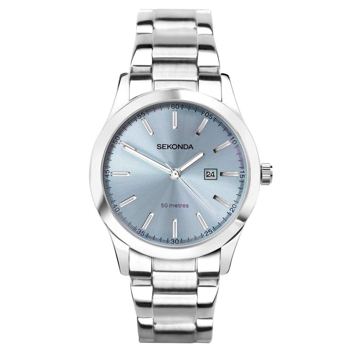 Ladies stainless steel watch featuring a light blue dial, slim markers, and date display at 3.