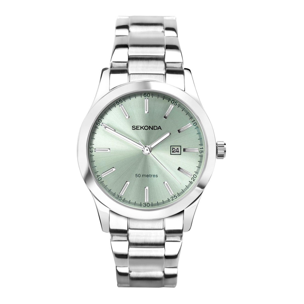 Stainless steel ladies watch with green dial, baton hands, and date window on bracelet