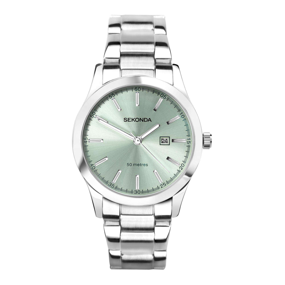 Stainless steel ladies watch showing green dial, baton markers, and 24 date window