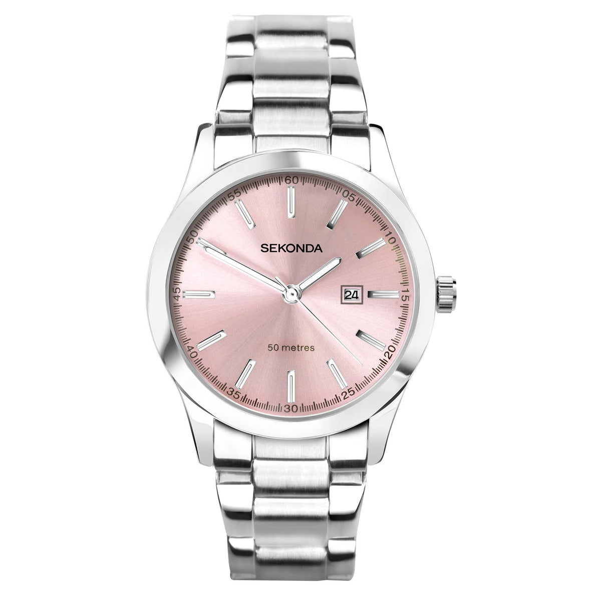 Ladies quartz pink dial stainless steel bracelet watch with date window and silver hands