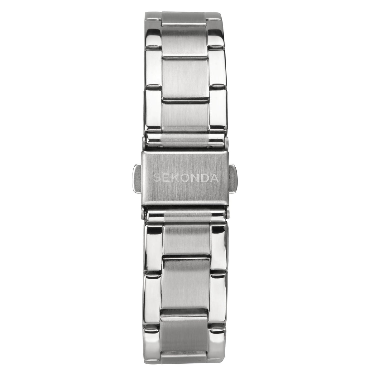 Ladies stainless steel bracelet watch rear view with brushed center and clasp