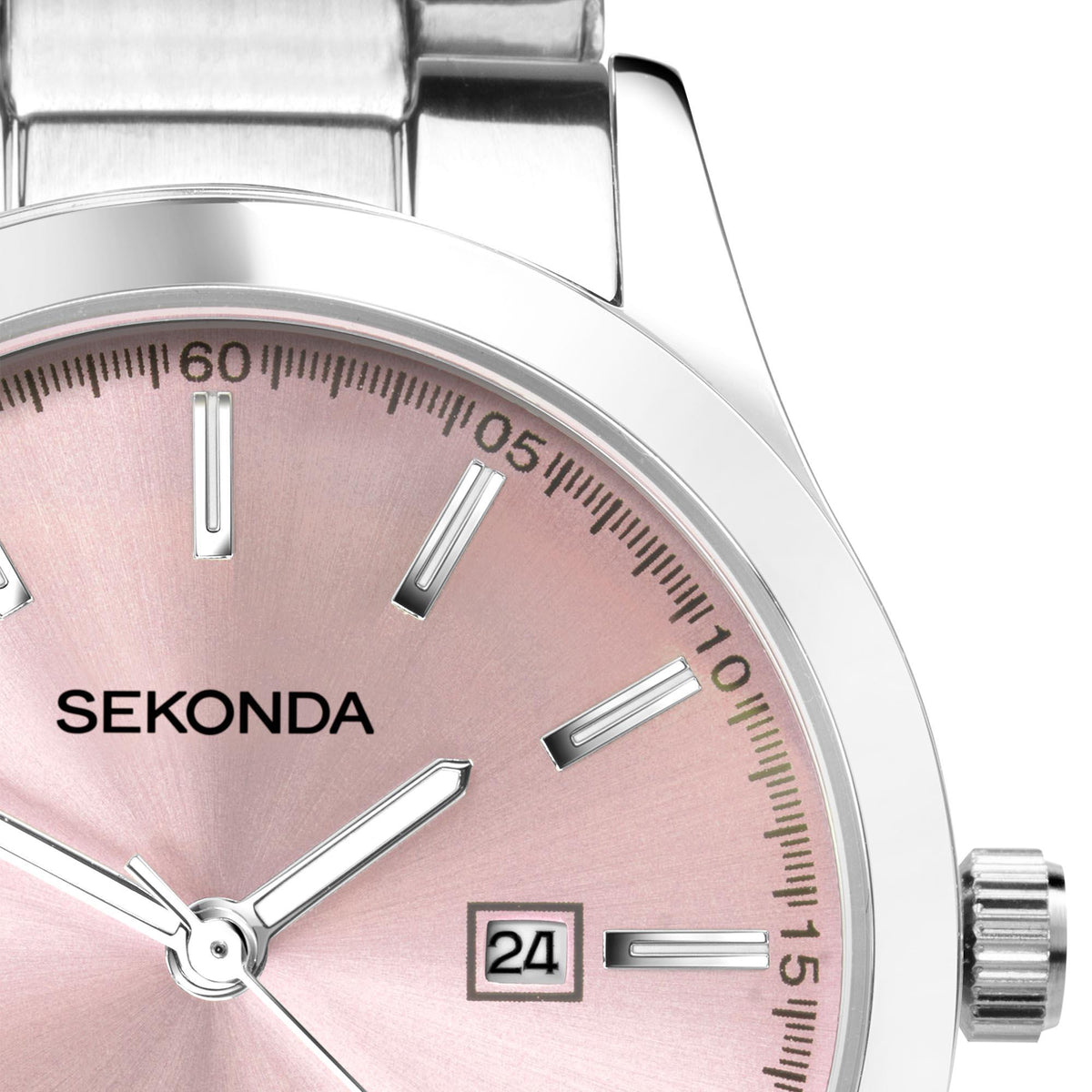 Ladies watch with pink dial, silver hands and hour markers, date window at 24
