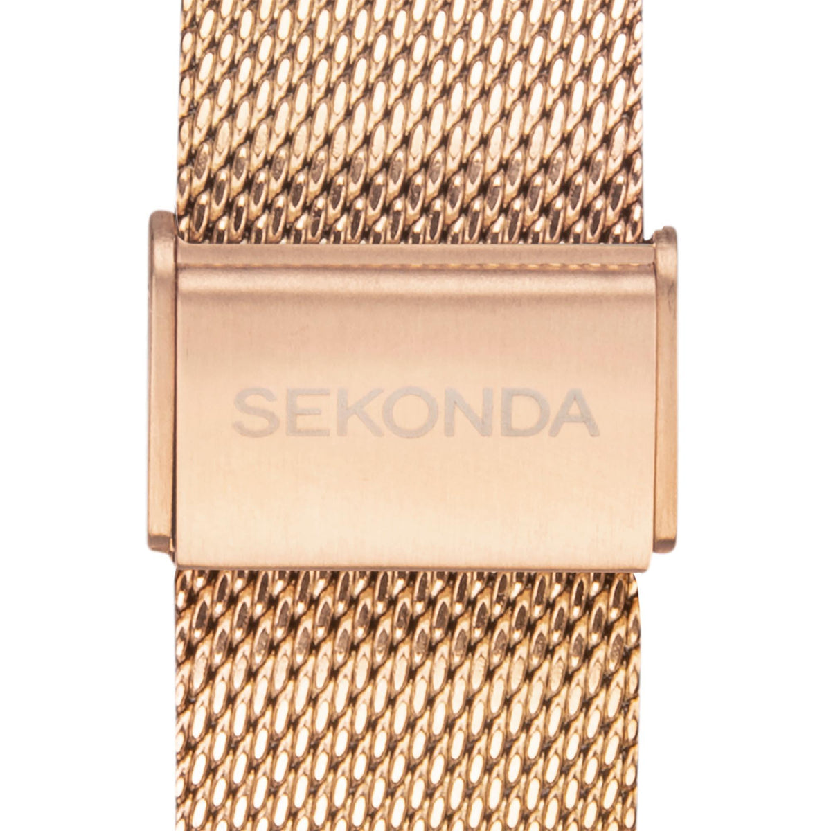 Rose gold clasp and case detail on mesh bracelet smartwatch with SEKONDA engraving