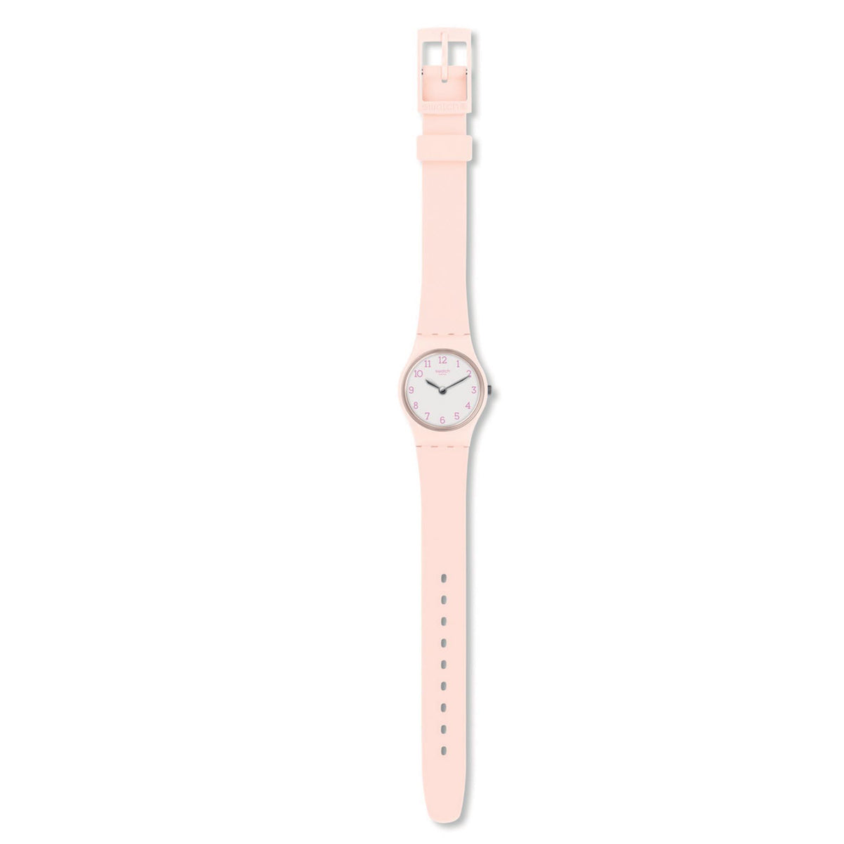 Pink silicone strap ladies watch with round white dial and silver-tone case ring