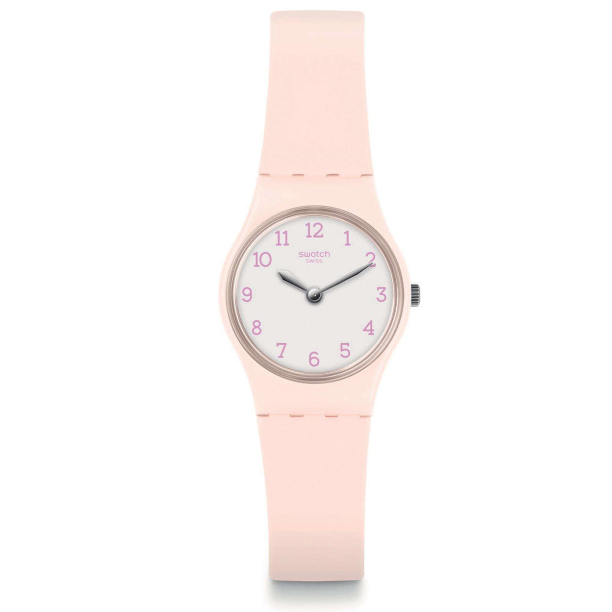 Pink bezel ladies watch with white dial, purple Arabic numerals, and black hands