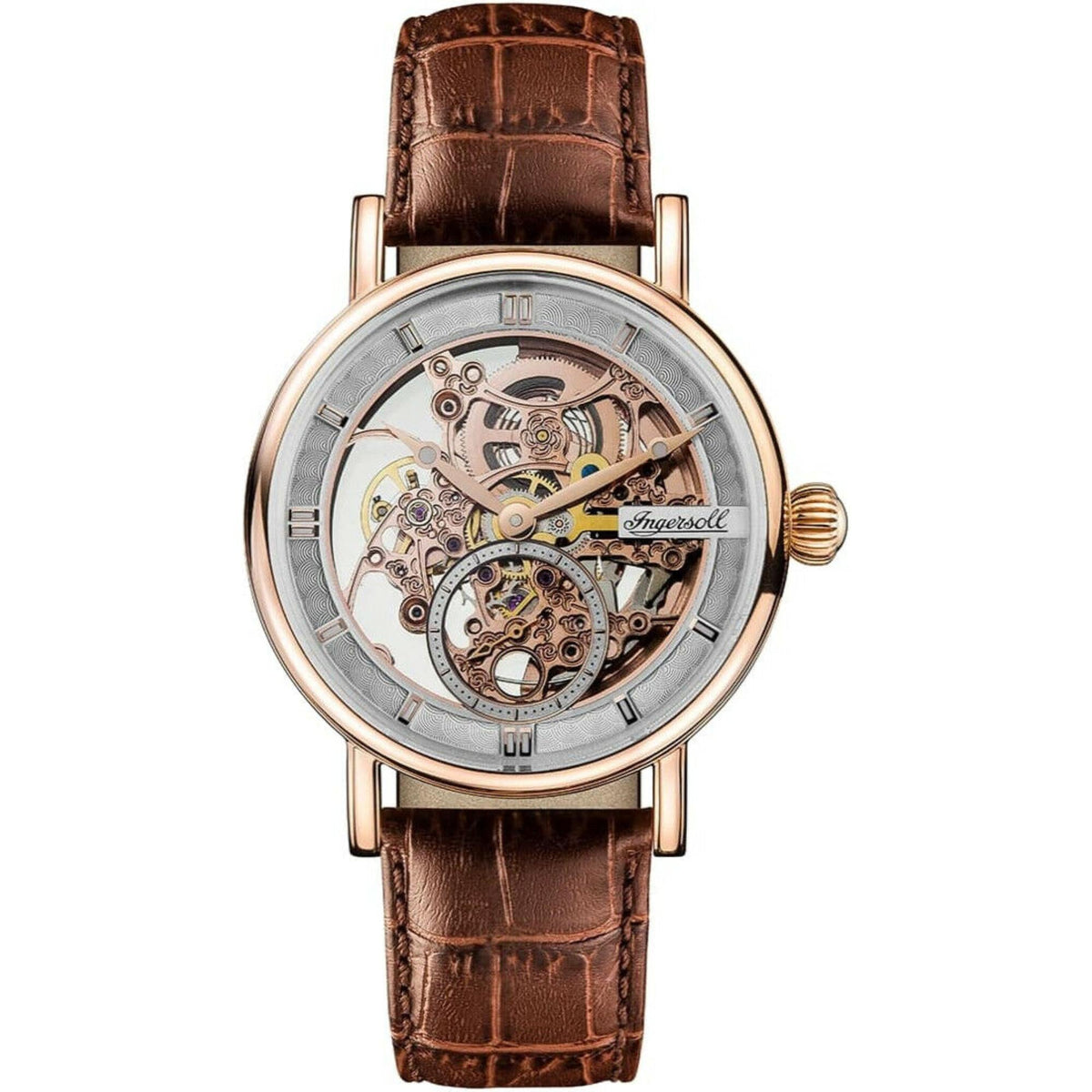Automatic men's watch with silver skeleton dial, rose-gold case accents, brown leather strap