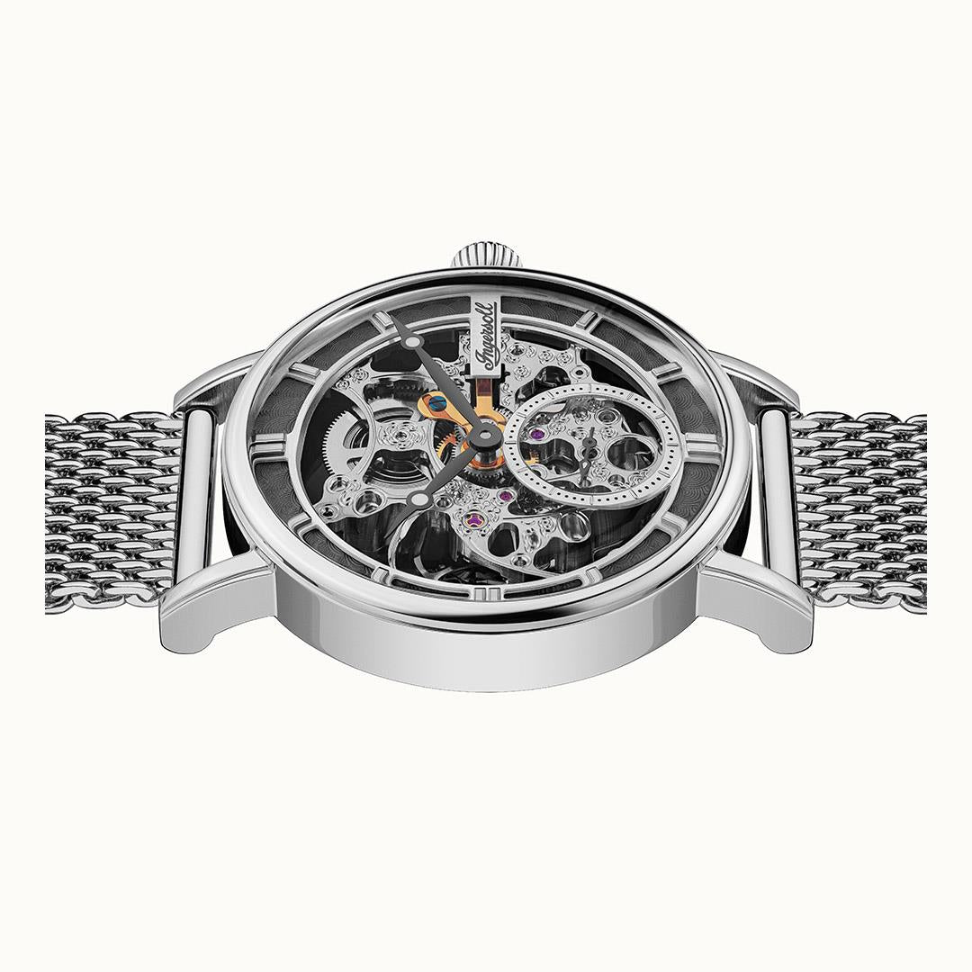 Automatic skeleton watch with grey dial, exposed mechanical movement, stainless mesh bracelet