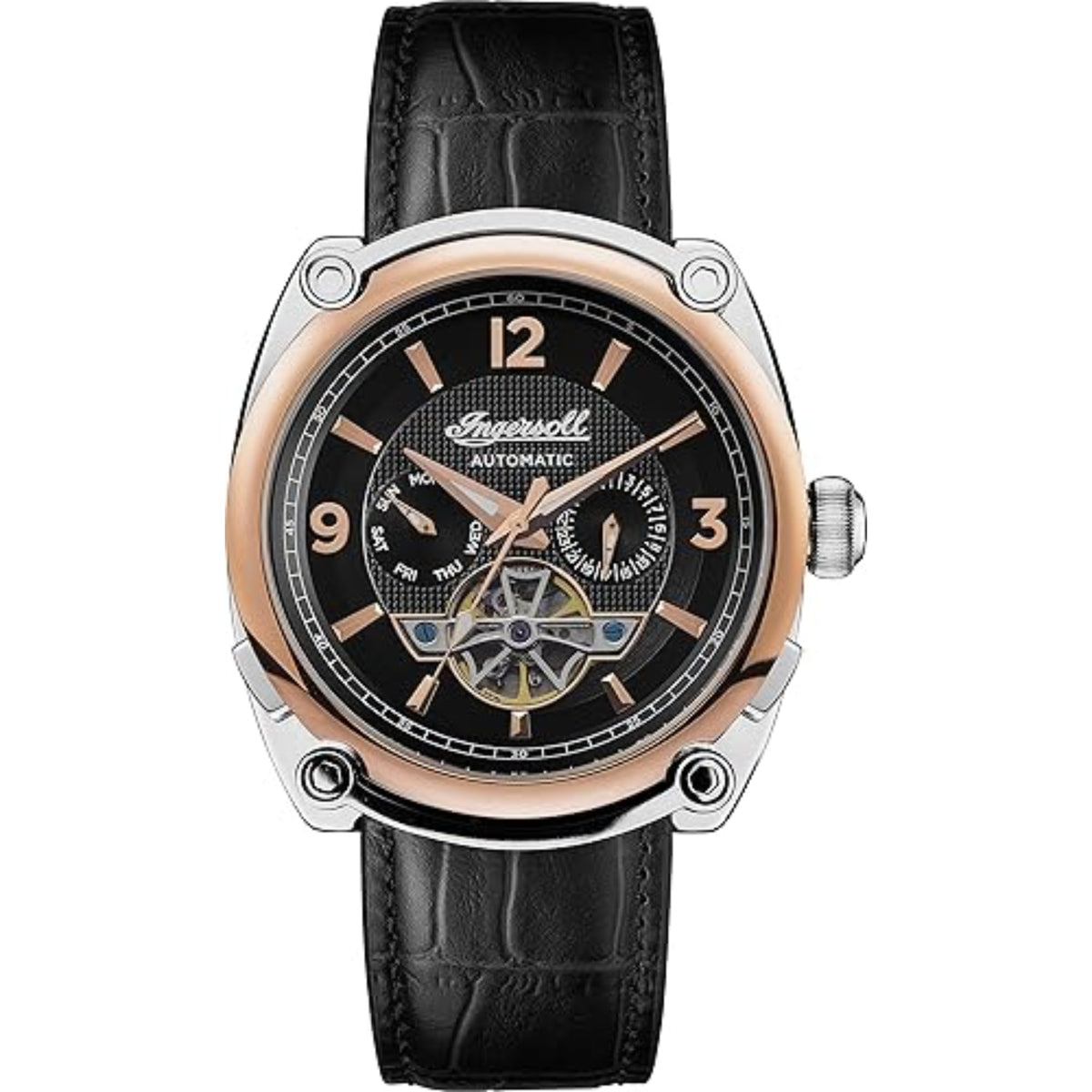 Men's automatic wristwatch front view: black dial, rose-gold bezel, and black leather strap.