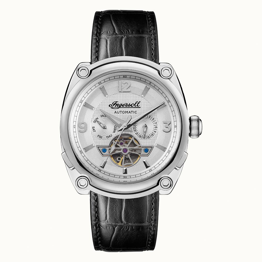 Men's automatic watch front with white dial, silver bezel, and black leather strap