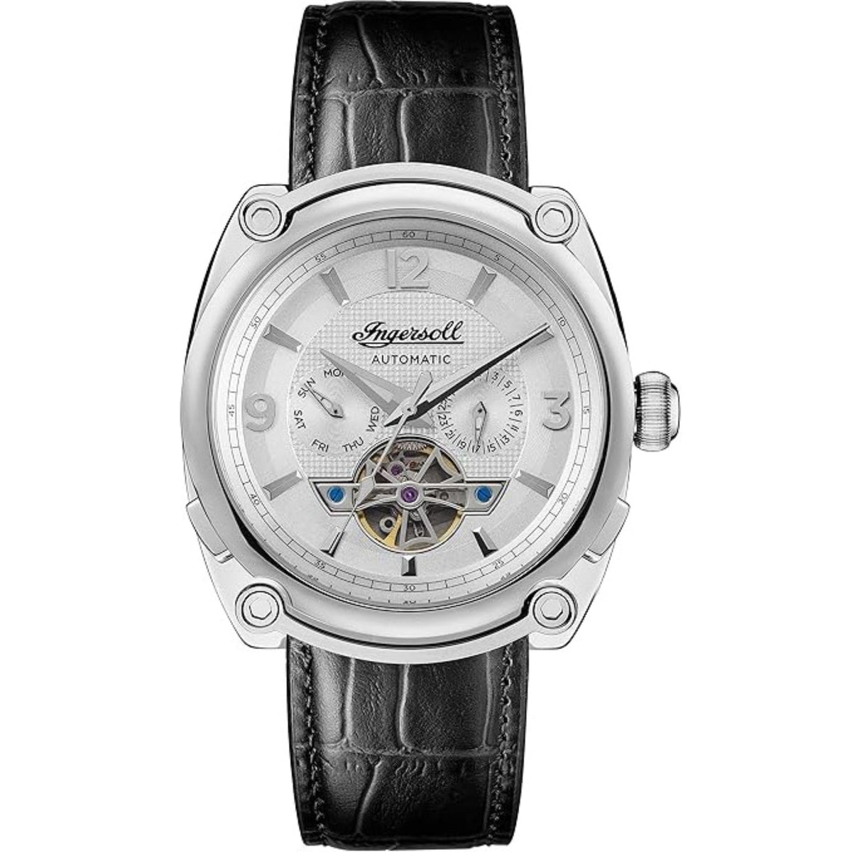 Men's automatic watch with white dial, silver round case, and black leather strap