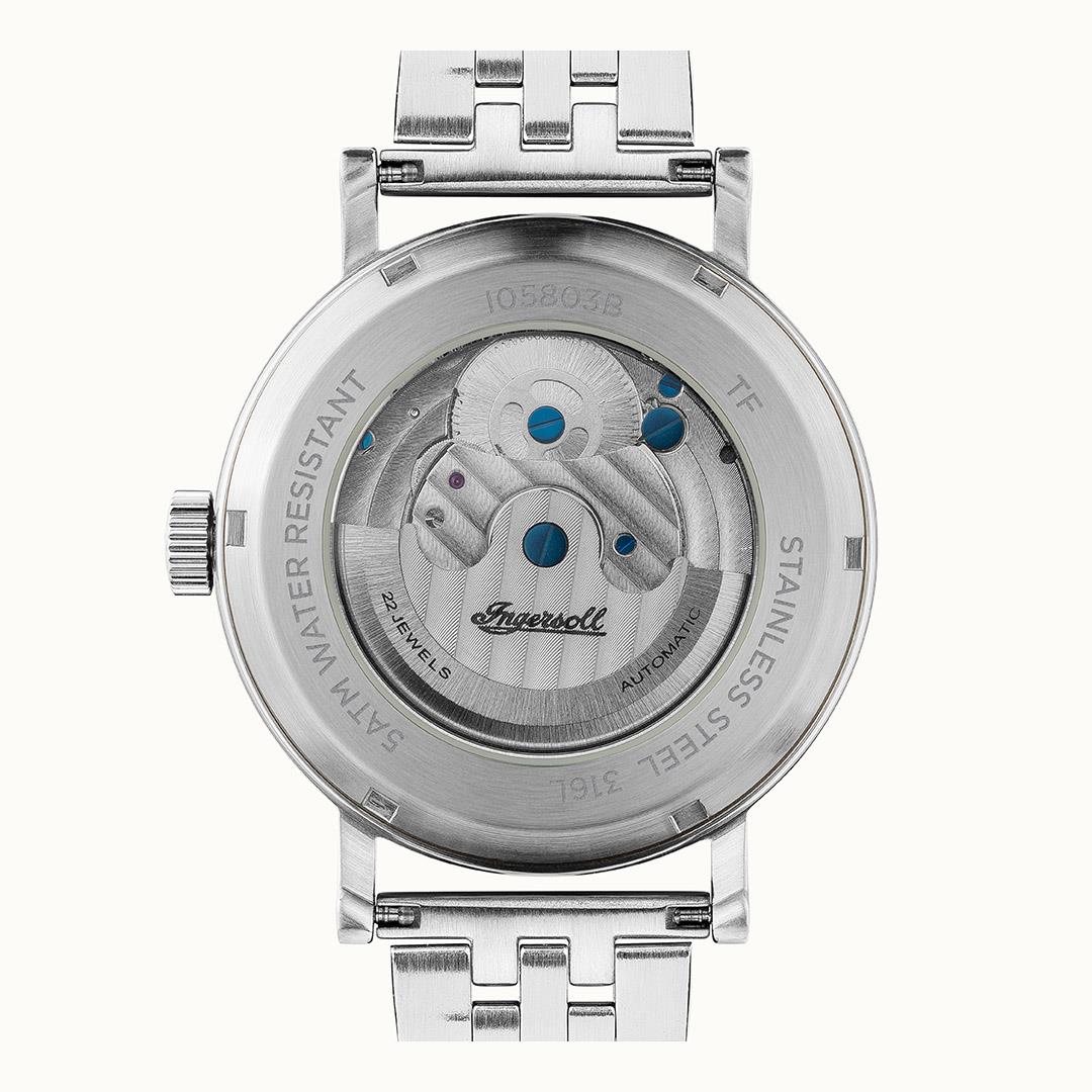 Stainless steel automatic watch caseback with visible gears and engraved water resistance