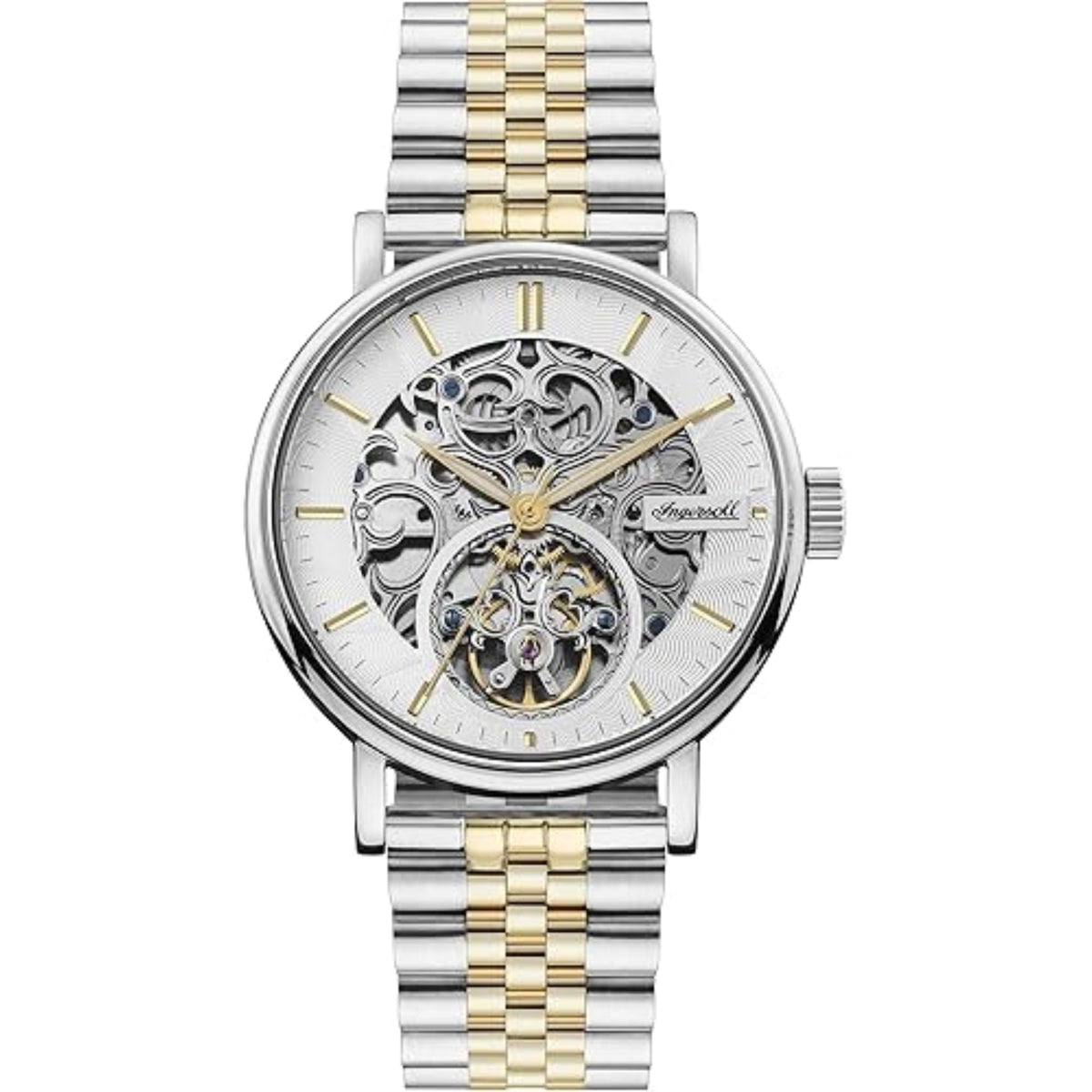 Two-tone automatic wristwatch with silver skeleton dial and gold center accents