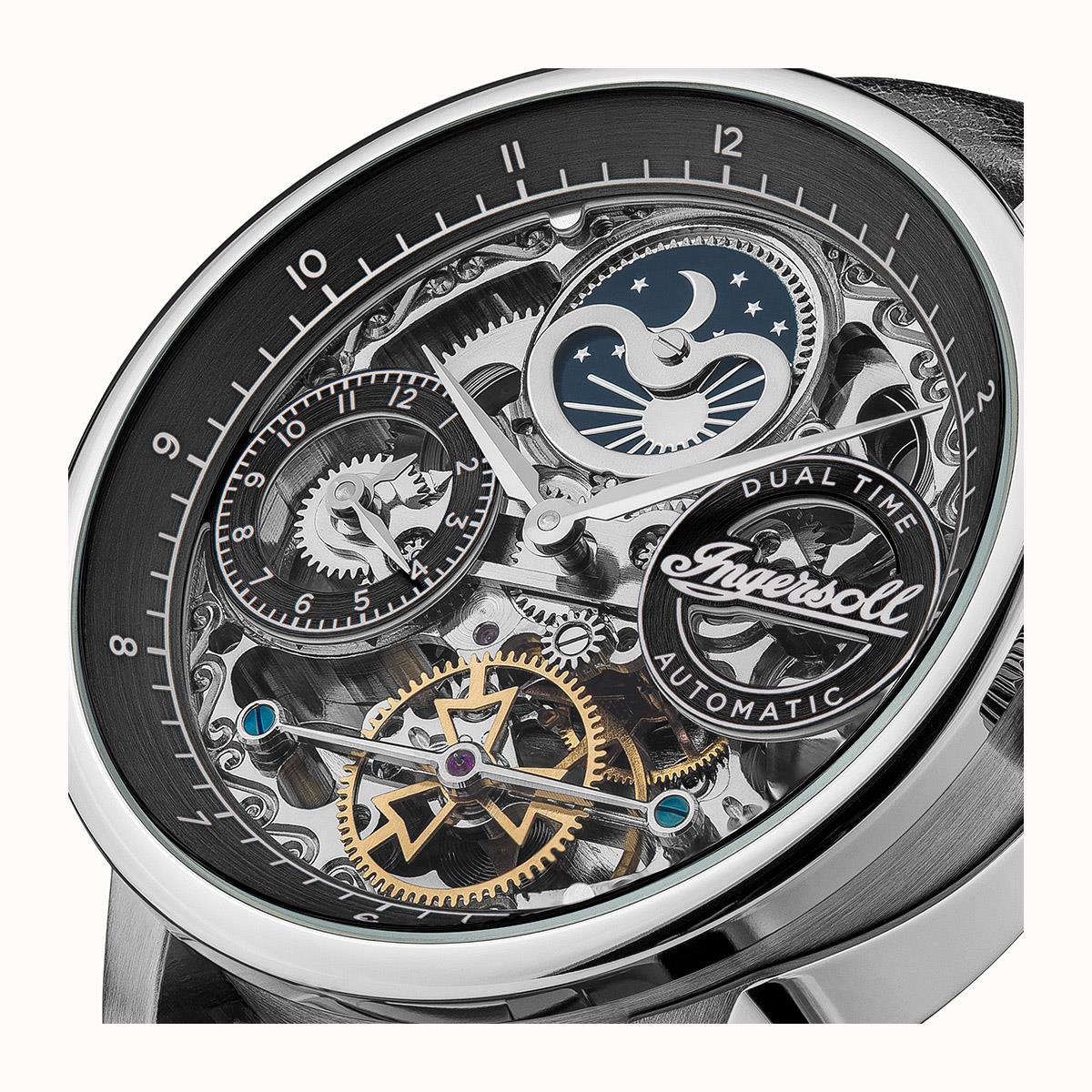 Mens automatic skeleton watch with black dial, silver case, dual time subdials