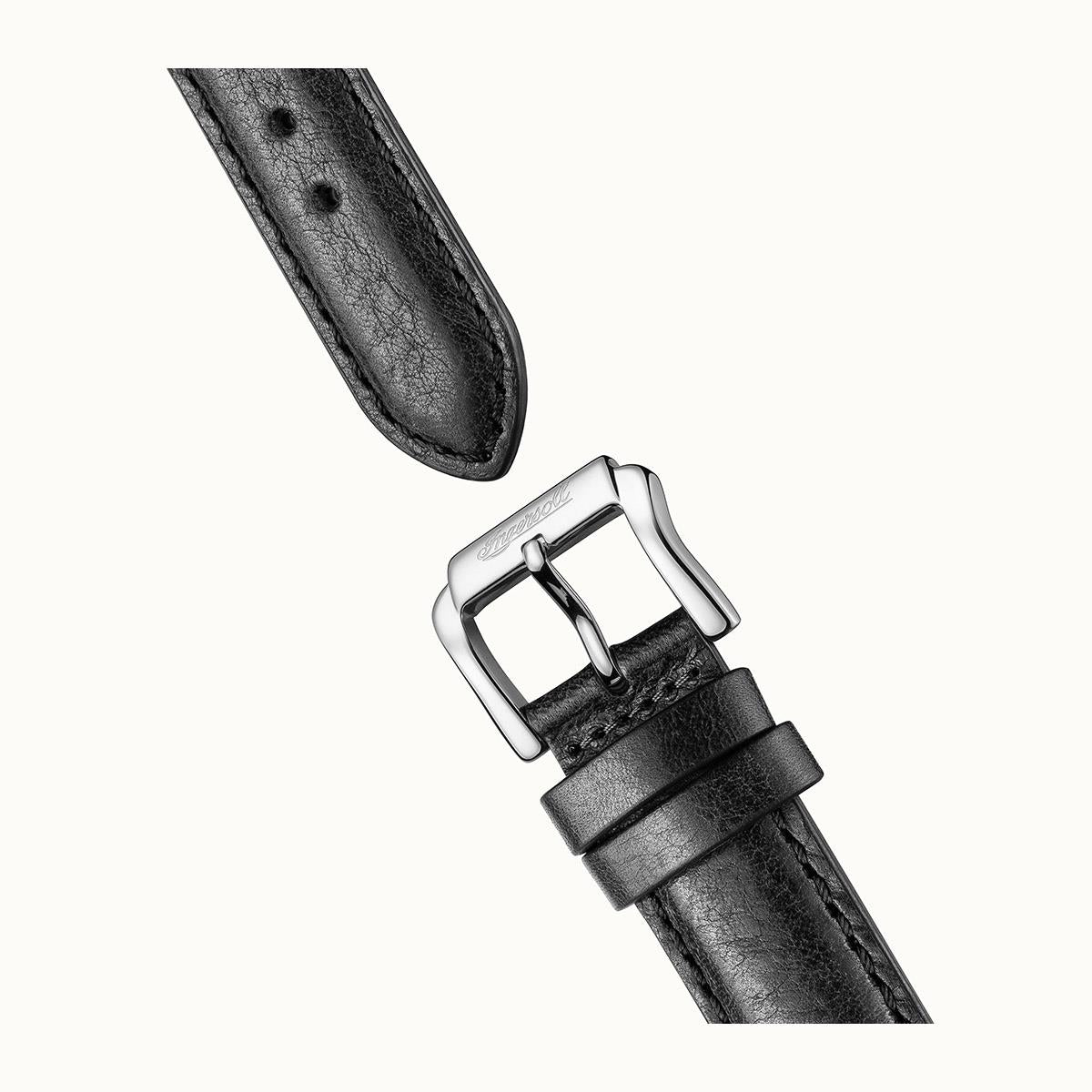Black leather watch strap with silver buckle and pin, stitched edge