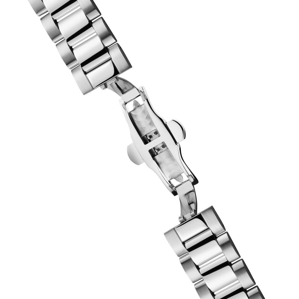 Side view of silver steel bracelet and clasp, with part of the watch case visible