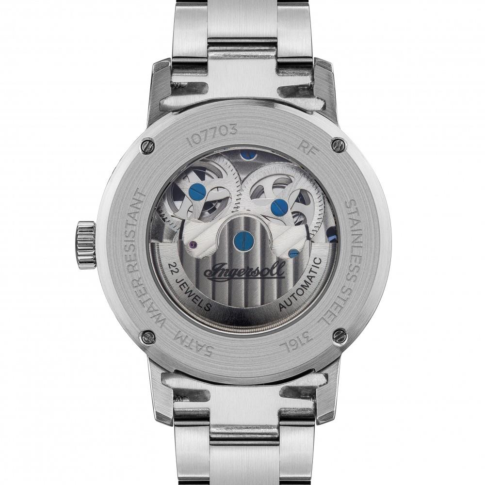 Men's automatic skeleton wristwatch, silver steel bracelet and dial with blue accents