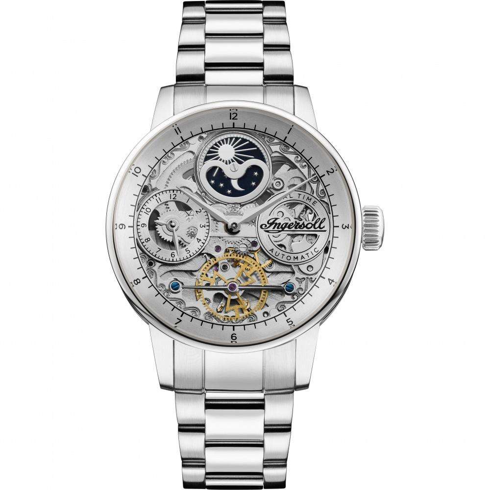 Automatic skeleton watch front view with silver dial, star detail, and blue night wheel