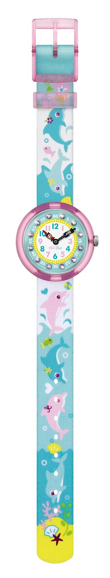 Kids dolphin analog watch with colorful long strap, round pink face and multicolor numbers