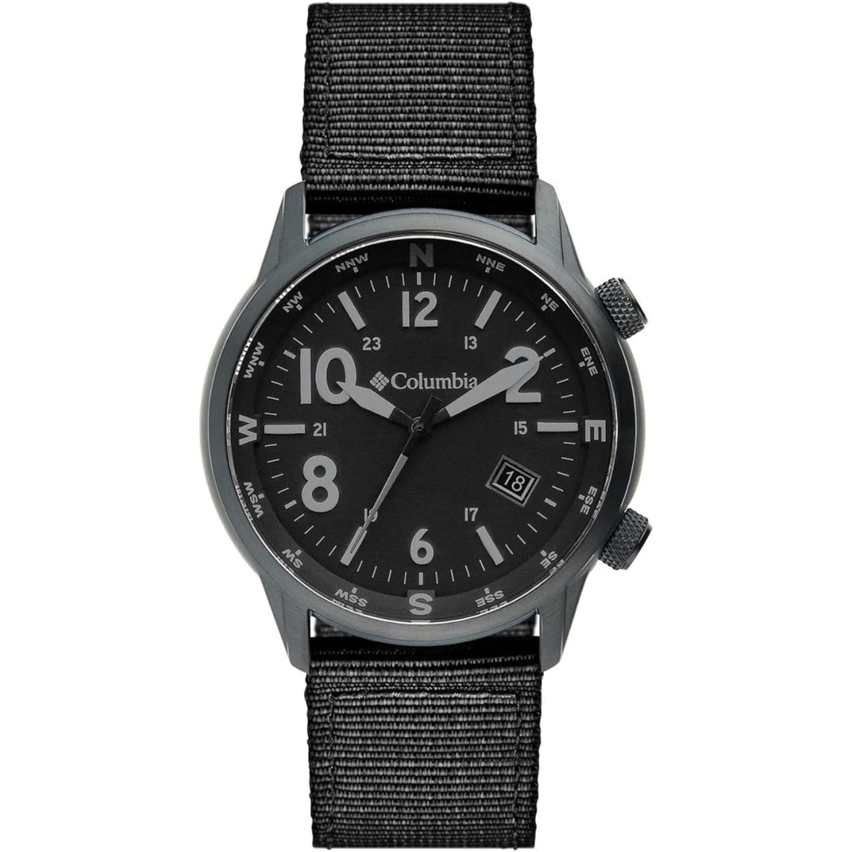 Men's black quartz watch front view with black dial and black nylon strap