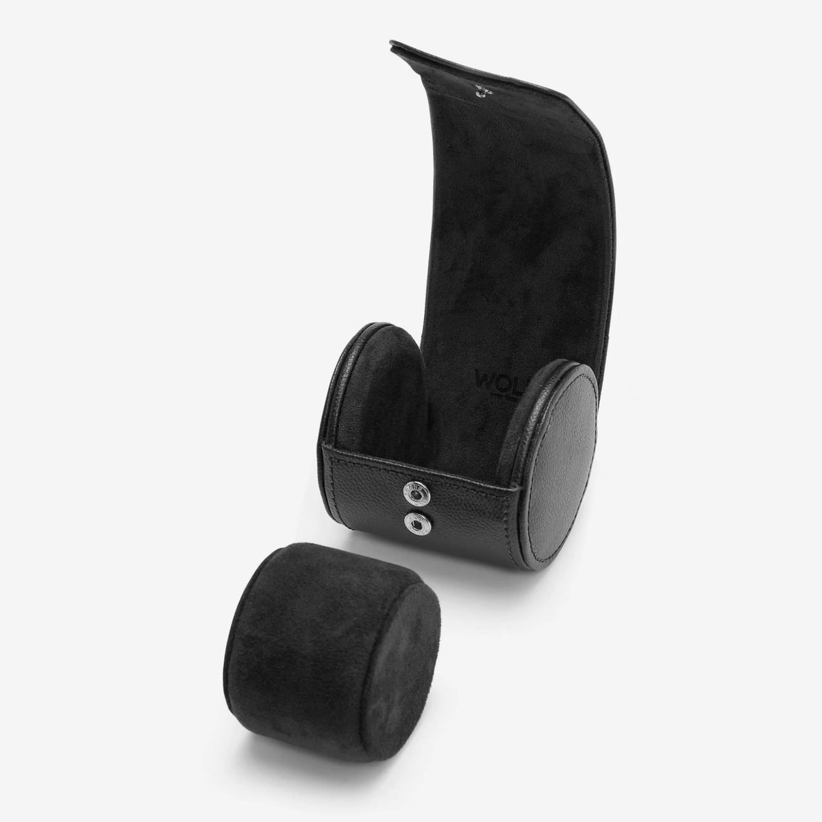 WOLF Blake single watch roll open with cushioned insert and dark leather base roll