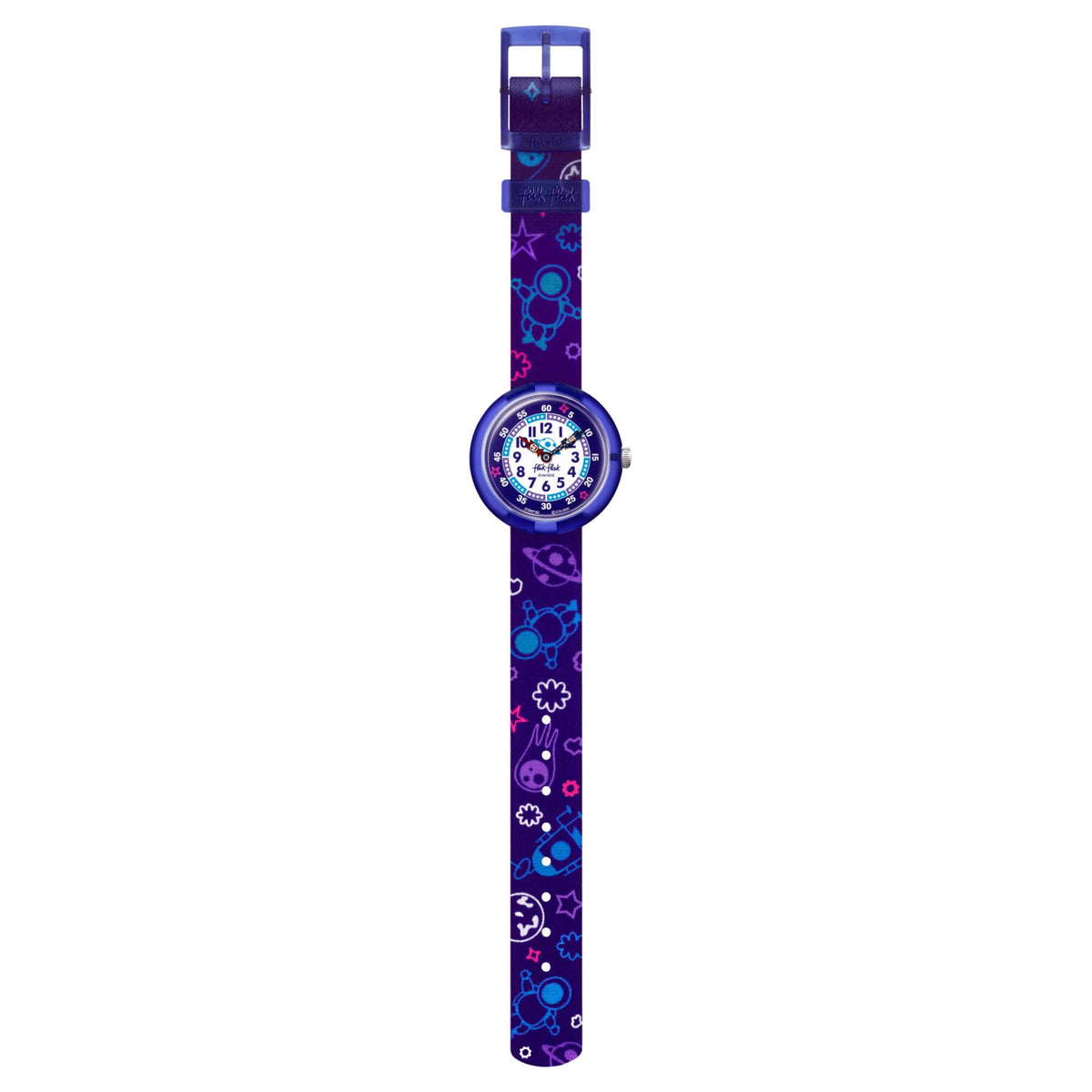Children's watch with purple patterned textile strap and rectangular clasp, round dial