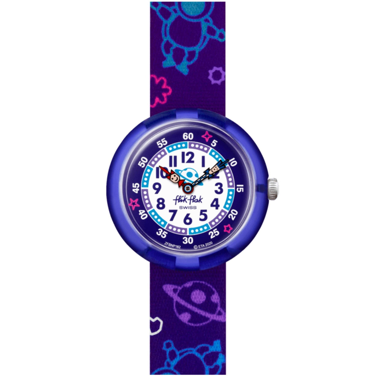 Children's purple round watch with colorful dial and patterned textile strap