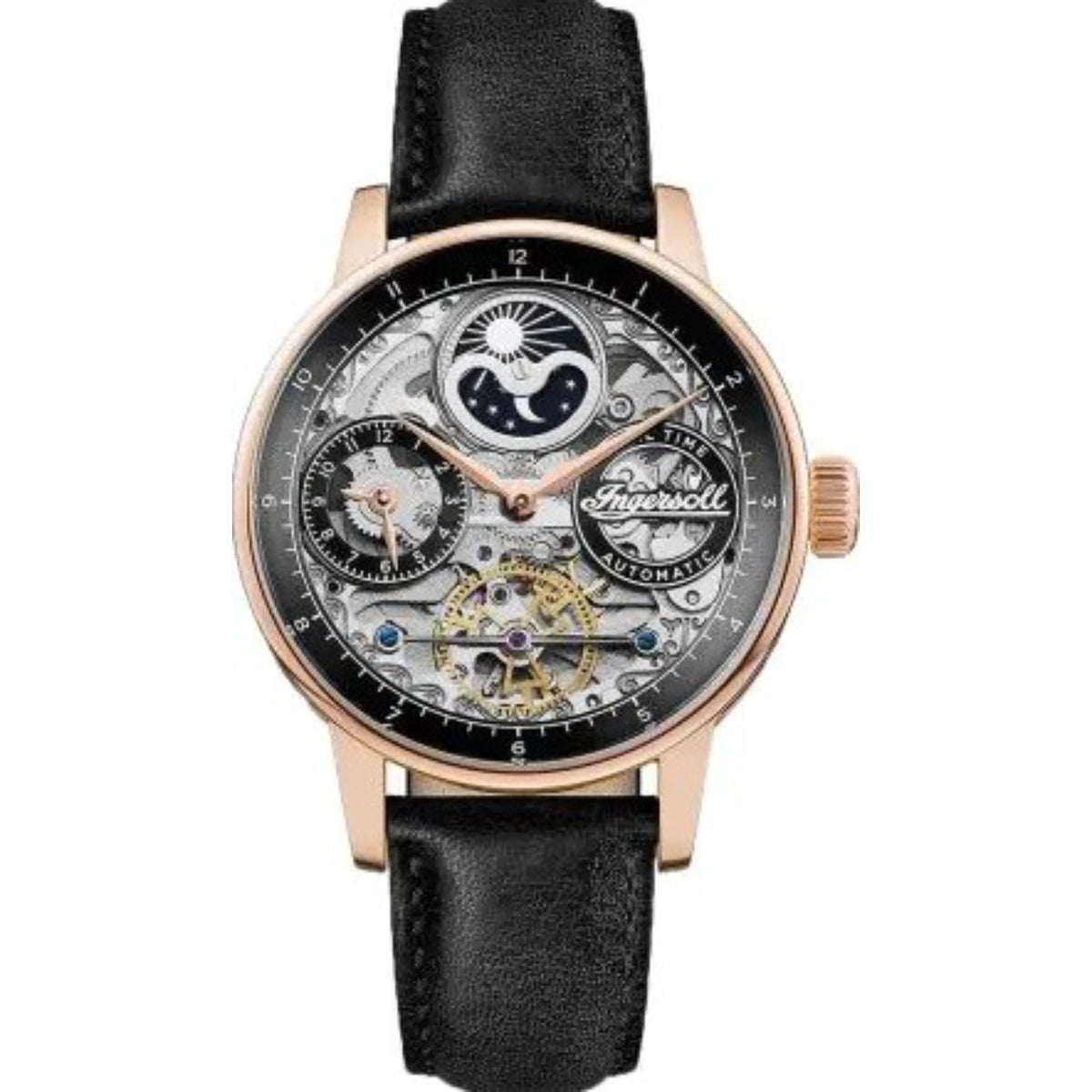 Men's automatic watch with black leather strap and black dial, round rose-gold case, crown at 3