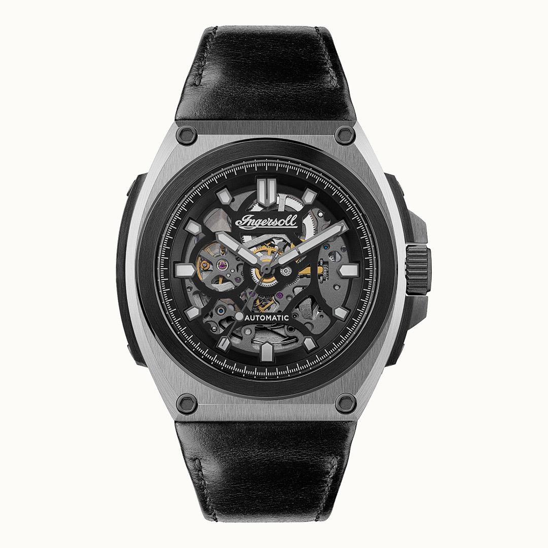 Men's automatic skeleton watch, black dial and black leather band with side crown
