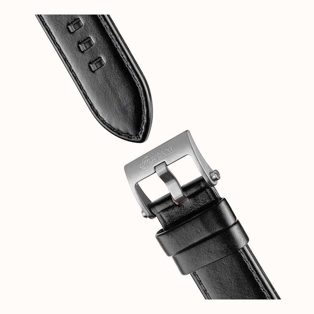 Black leather strap with metal buckle and holes for men’s automatic watch