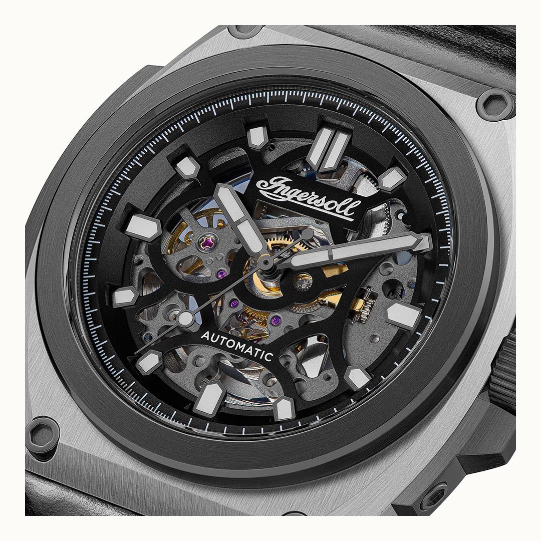 Men's automatic skeleton watch with black dial, Ingersol logo, steel case and leather strap
