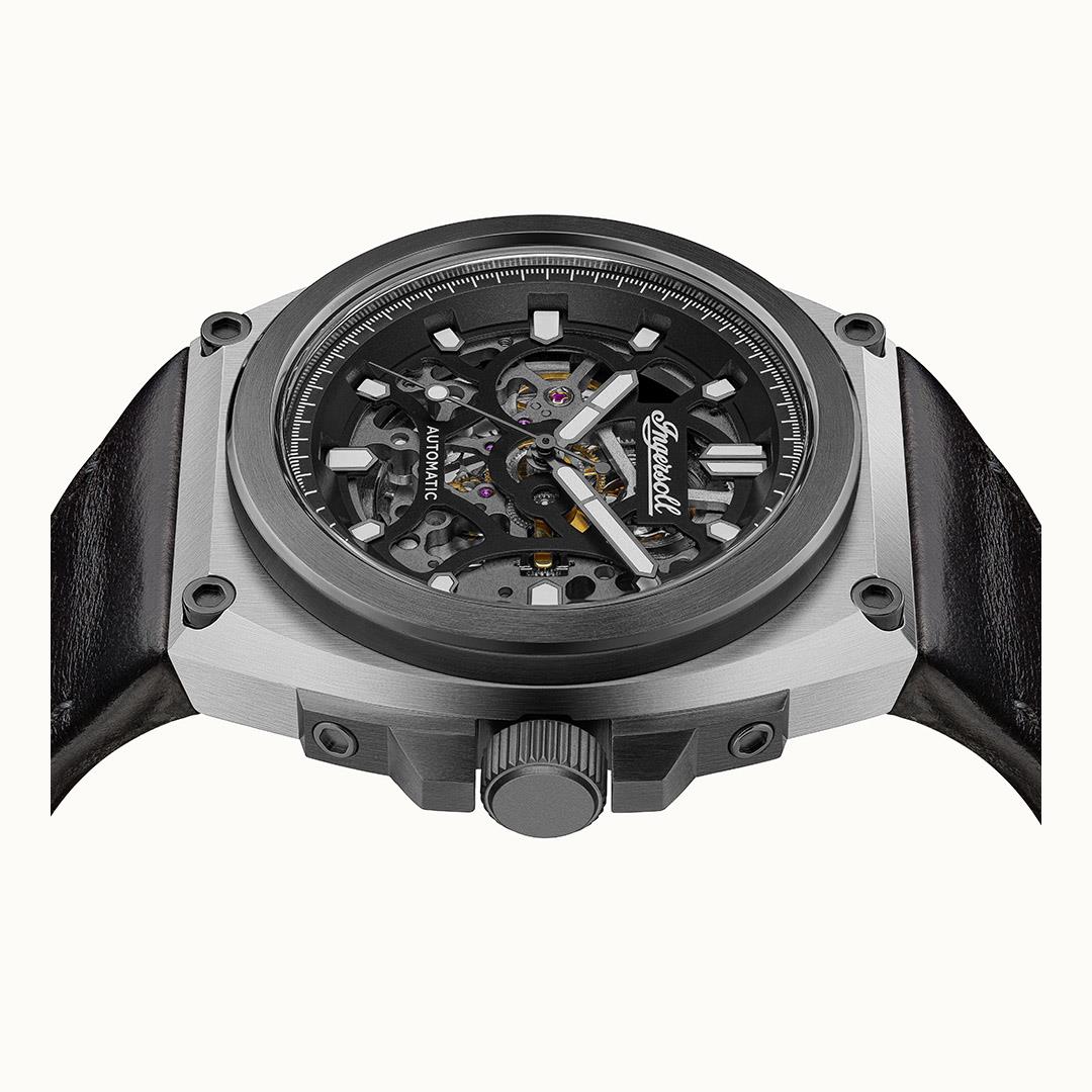 Men's automatic watch, round steel case with black openwork dial and black leather strap