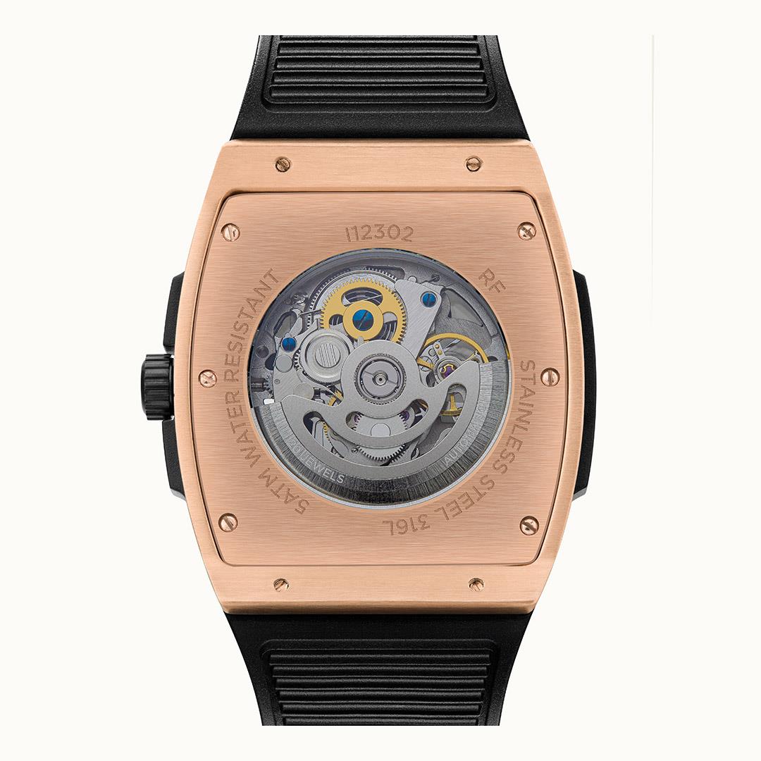 Men's automatic skeleton watch with black strap, rose gold case and see-through dial