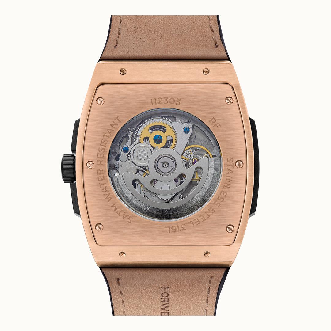 Men's automatic skeleton watch, brown leather strap, rose-gold case, exposed gears