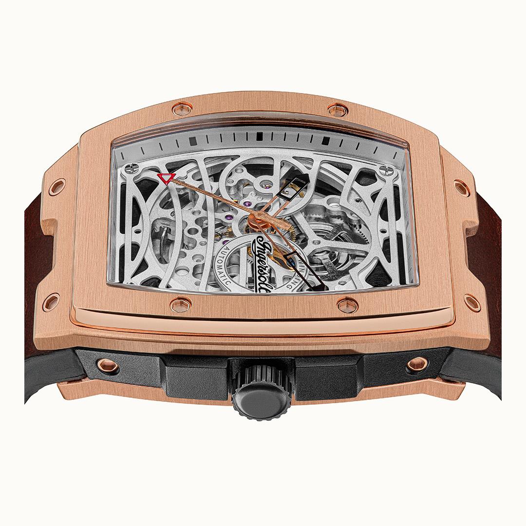 Automatic skeleton dial watch with rose-gold case and brown strap, visible winding components