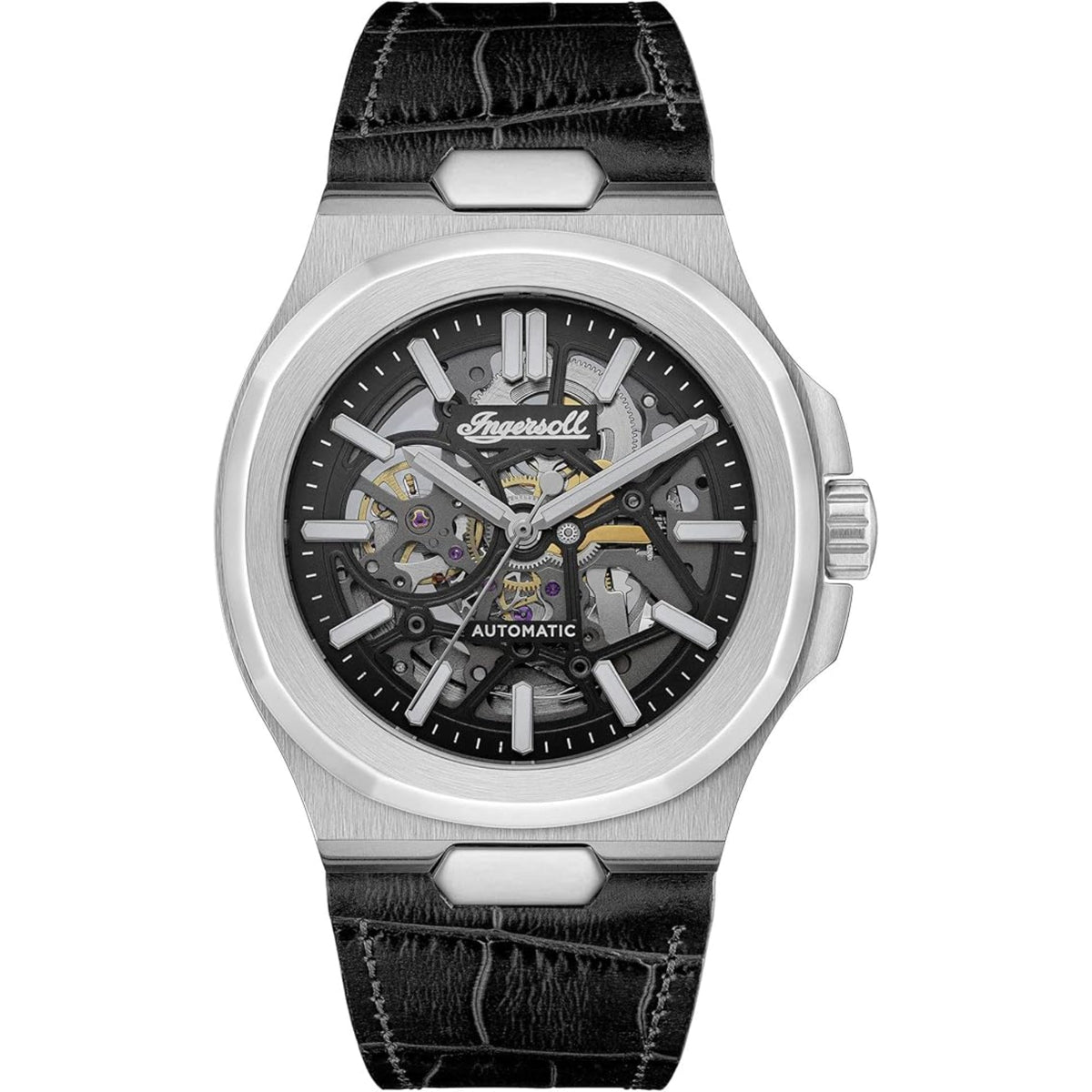Men's automatic skeleton watch with black leather strap, black dial, and silver steel case