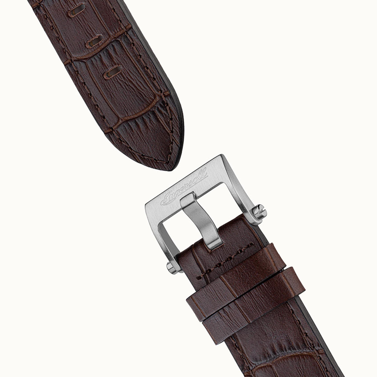 Brown leather watch strap with metal buckle clasp, shown from side angle