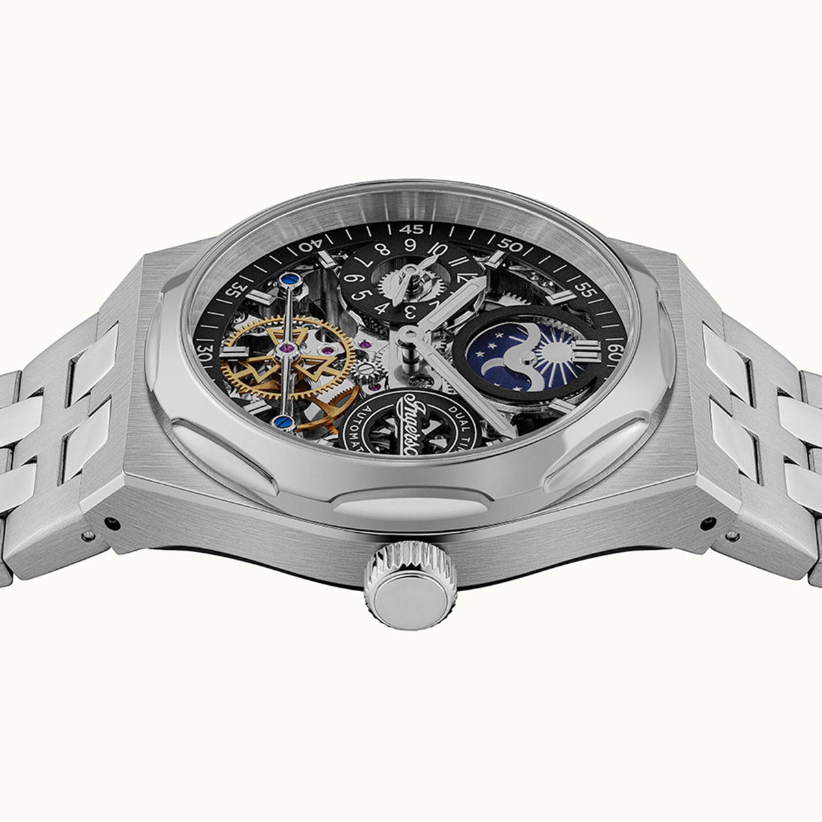 Stainless steel automatic men's watch with black dial, skeleton gears, blue dual-time and bracelet