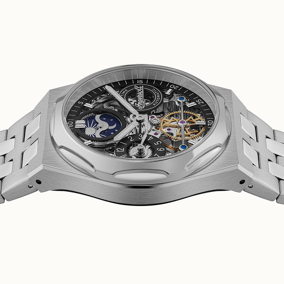 Stainless steel automatic men's watch with black dial, open-work gears and blue subdial on bracelet