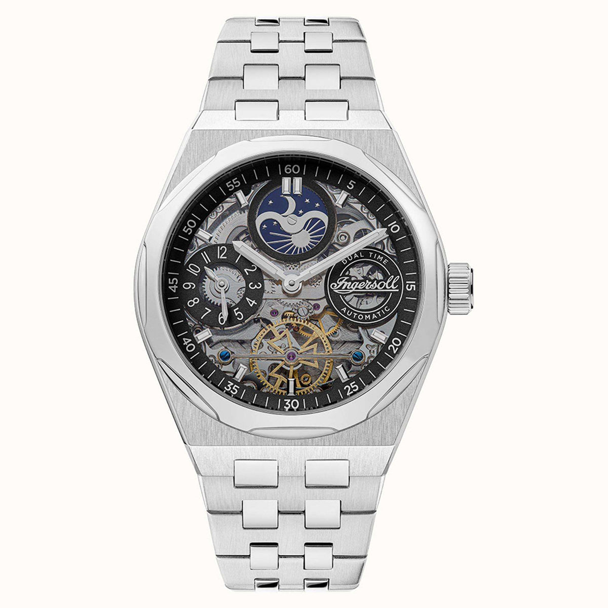 Stainless steel automatic wristwatch front view with black skeleton dial and silver link bracelet