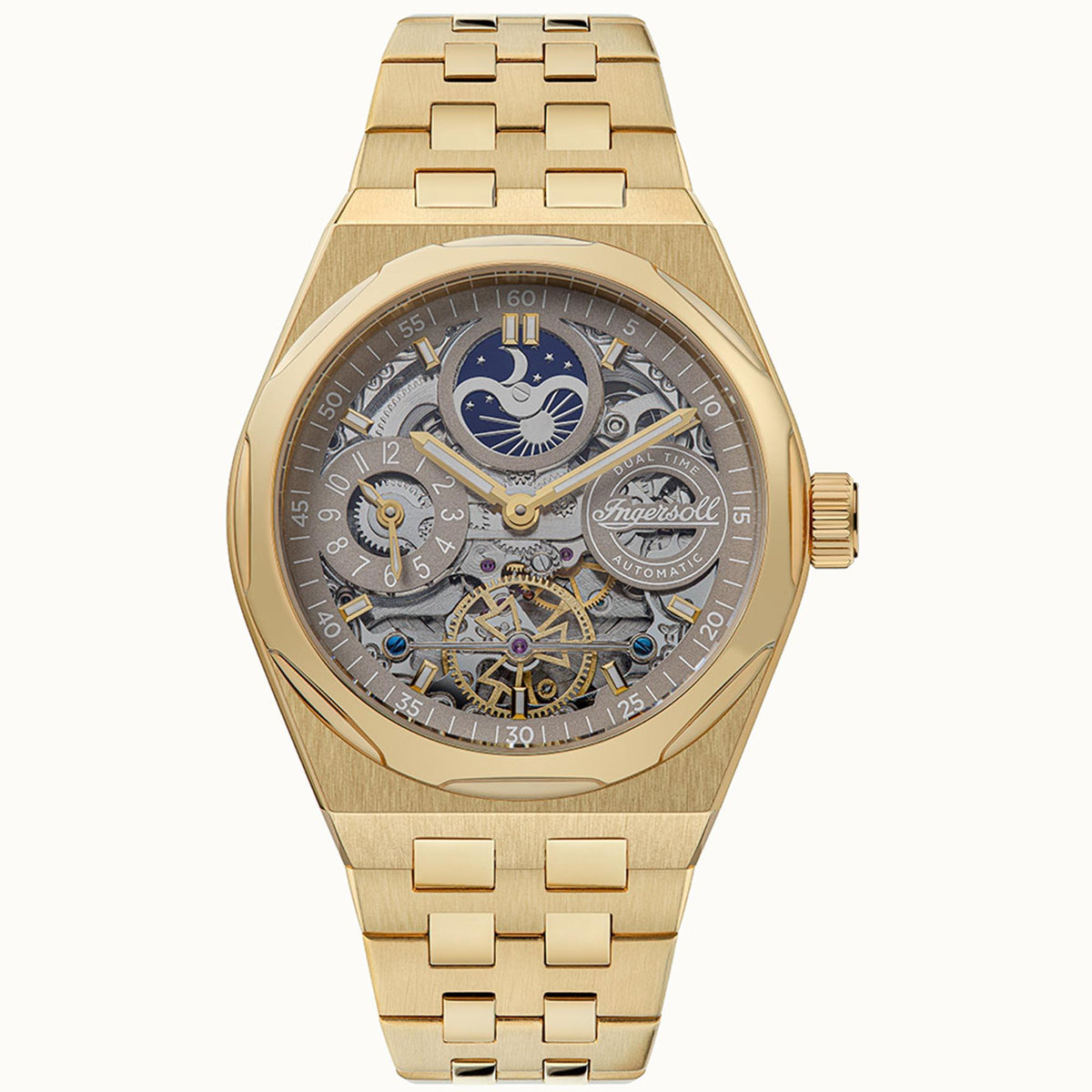 Gold-tone automatic skeleton men's wristwatch with blue moon-phase center and Roman indices
