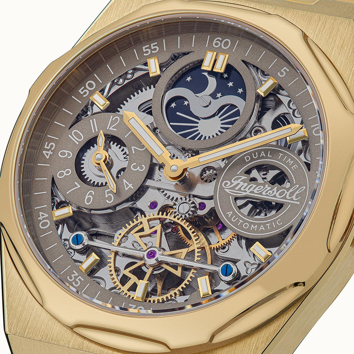 Men's gold-tone automatic skeleton watch with brown dial and blue moon subdials