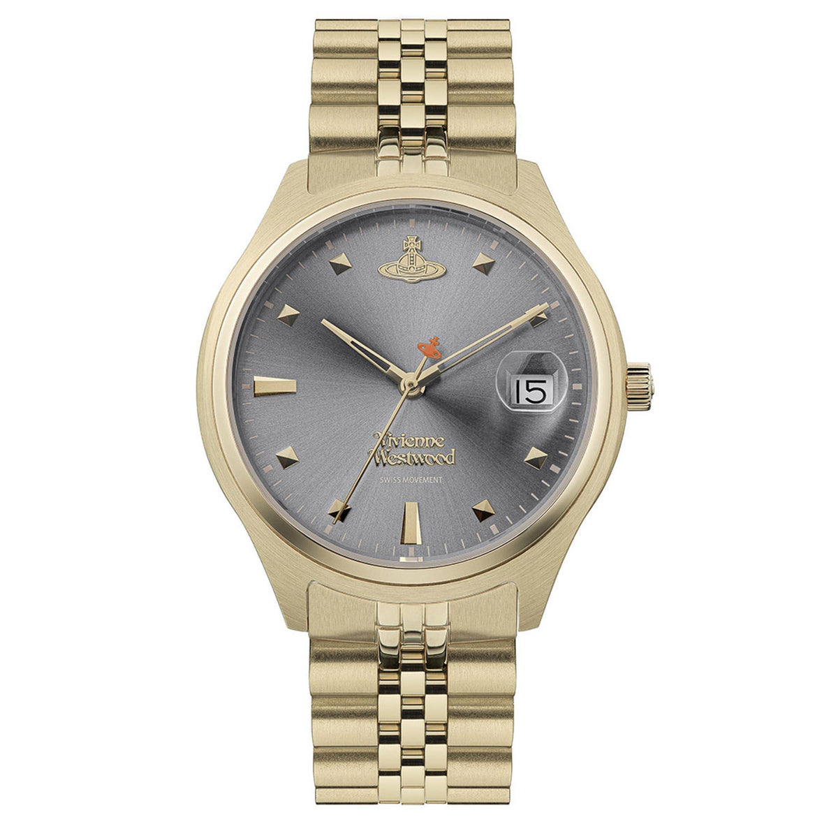 Gold stainless steel watch with gray dial, gold hands, hour markers, and date window reading 15.