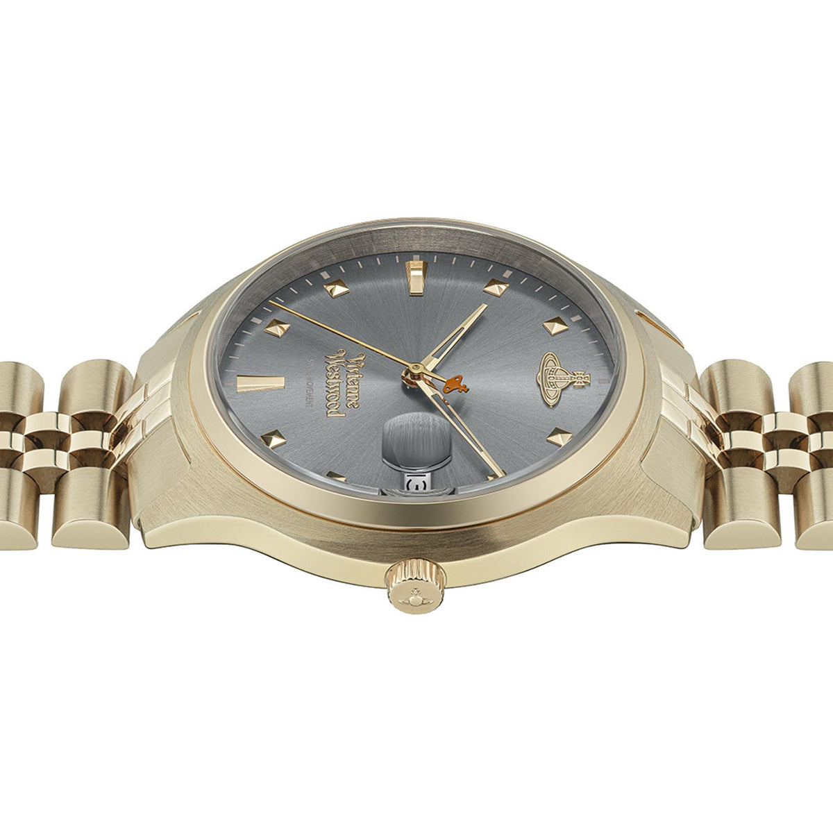 Gold-tone stainless steel ladies watch with grey dial, gold markers, three-link bracelet
