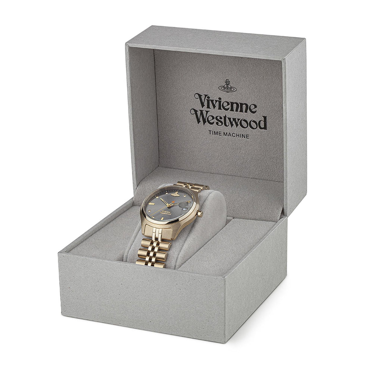 Ladies gold-tone stainless steel watch with grey dial and three-link bracelet, on stand