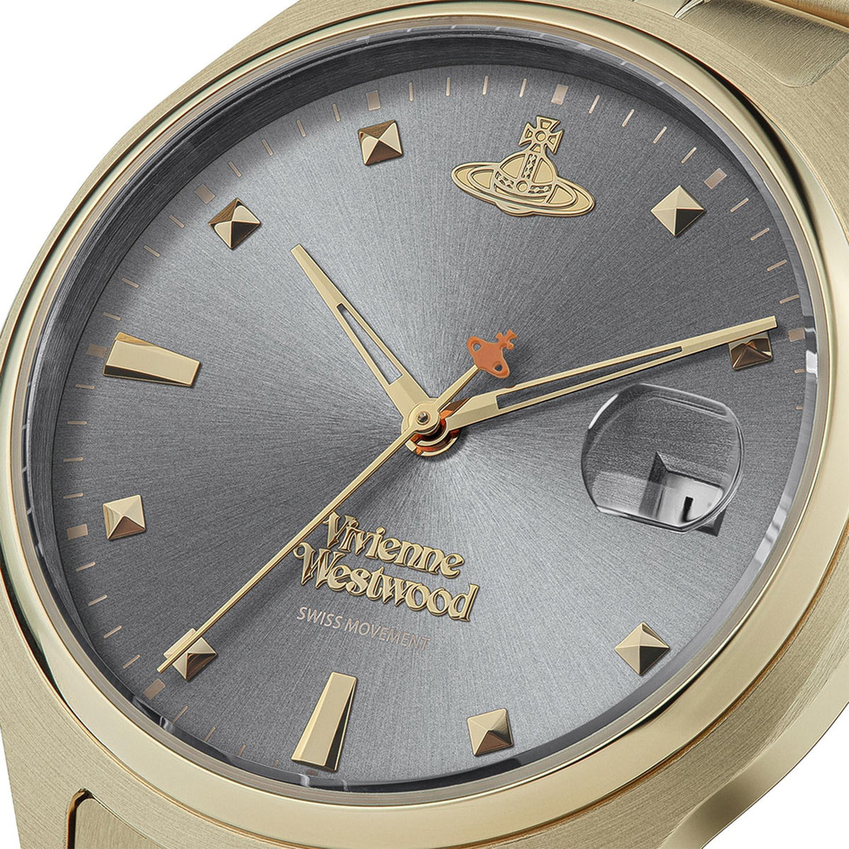 Close-up ladies watch face: grey textured dial with gold markers, hands, and Vivienne Westwood logo